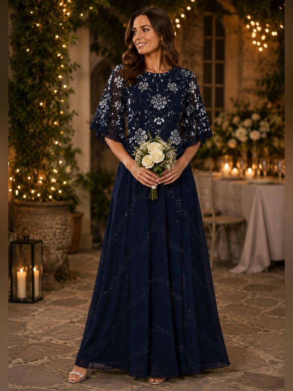 ASOS Navy Embellished Cape Sleeve Maxi Dress 12 Formal Evening Gown Wedding
